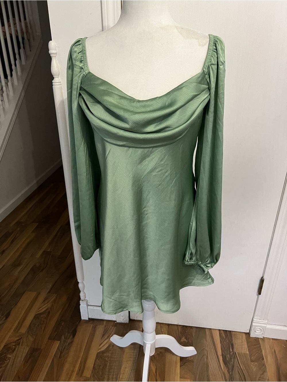 Hello Molly Sage Green Long Sleeve Drape Top, Satin, Mini Dress, 10, New